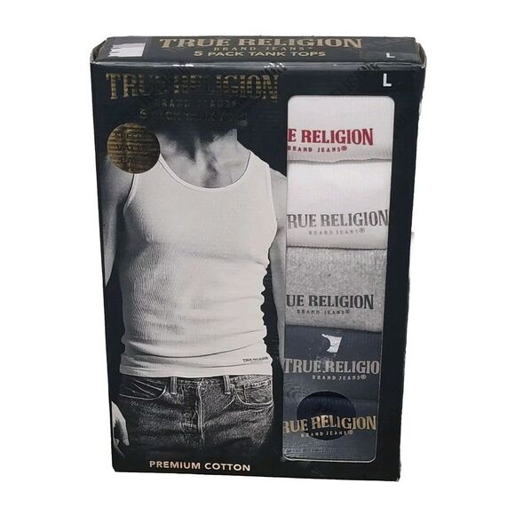 True Religion Tank Top Shirts 5-Pack Mens Large Multicolor Tees‎ Premium Cotton - Picture 1 of 9